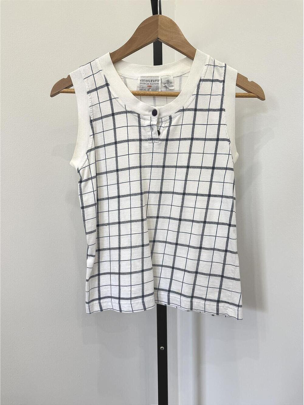 Vintage Autograph Sleeveless White and Navy Checkered Top Small